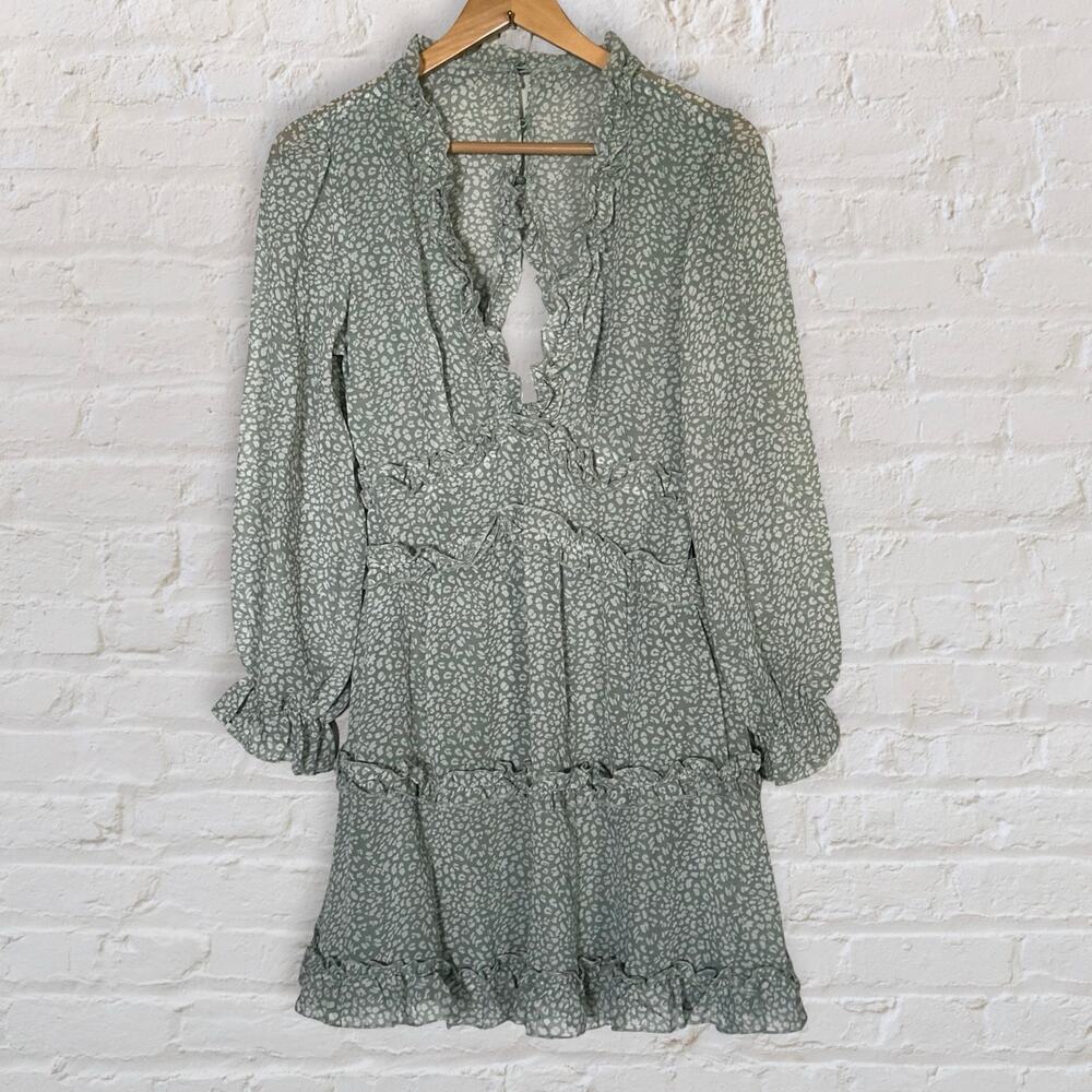 Floral Deep V Neck Ruffle Tiered Mini Dress Womens Green Long Sleeve Open Back